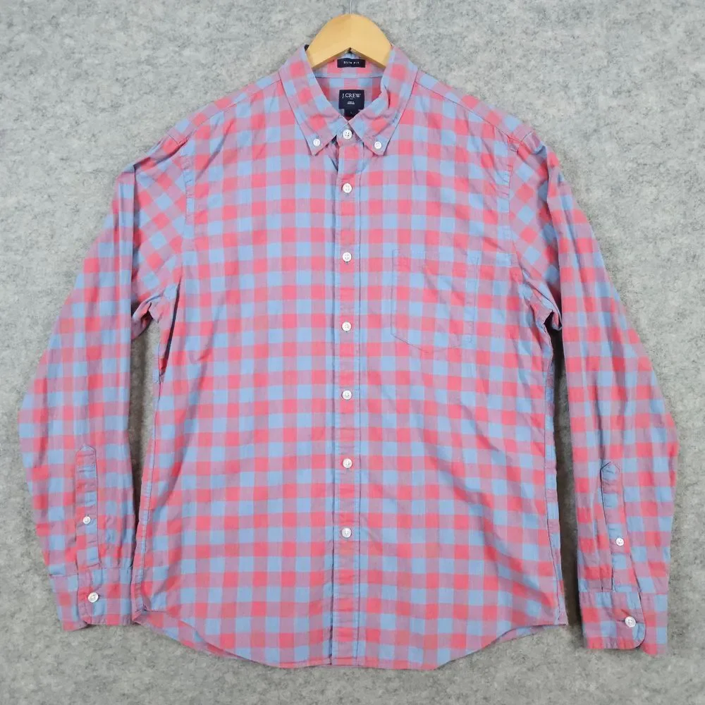 J Crew Men's Slim Fit Shirt Size L Red Blue Checks Preppy Button Up/Down Church